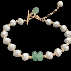 Mason & Madison Faux Pearl Bracelet with Faux Jade Charm Adjustable - Great Gift